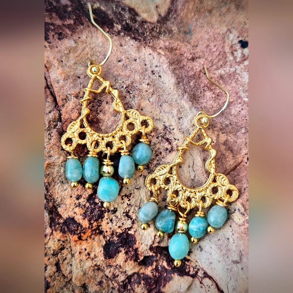 Amazon's Stone Of Hope  Amazonite In Mystical Filligree Gold Plated Earrings
